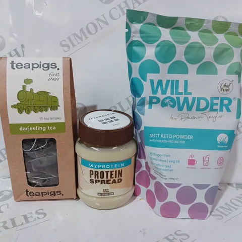 APPROXIMATELY 10 ASSORTED FOOD & DRINK ITEMS TO INCLUDE WILL POWDER, PROTEIN SPREAD, TEA TEMPLES, ETC