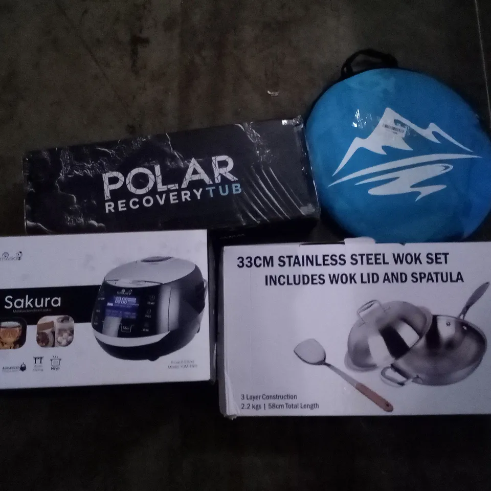 PALLET OF ASSORTED ITEMS INCLUDING POLAR RECOVERY TUB, MULTIFUNCTIONAL RICE COOKER, 33CM STAINLESS STEEL WOK SET, POP UP TENT, AIR FRYER