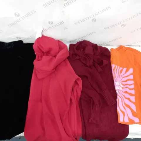 BOX TO INCLUDE 50 ASSORTED CLOTHING ITEMS TOO INCLUDE TOPS , TROUSERS AND DRESSES , ETC