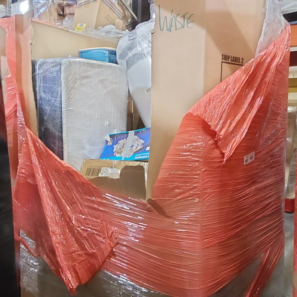 PALLET OF ASSORTED ITEMS INCLUDING: INOFIA BED IN A BOX DOUBLE MATTRESS, ASSORTED MATTRESSES, COOKWARE SET ECT