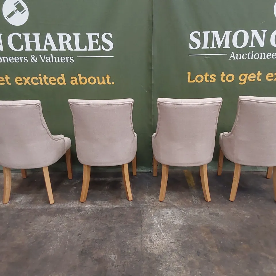 SET OF 4 DUKE OATMEAL FABRIC BUTTON BACK DINING CHAIRS WITH OAK LEGS 