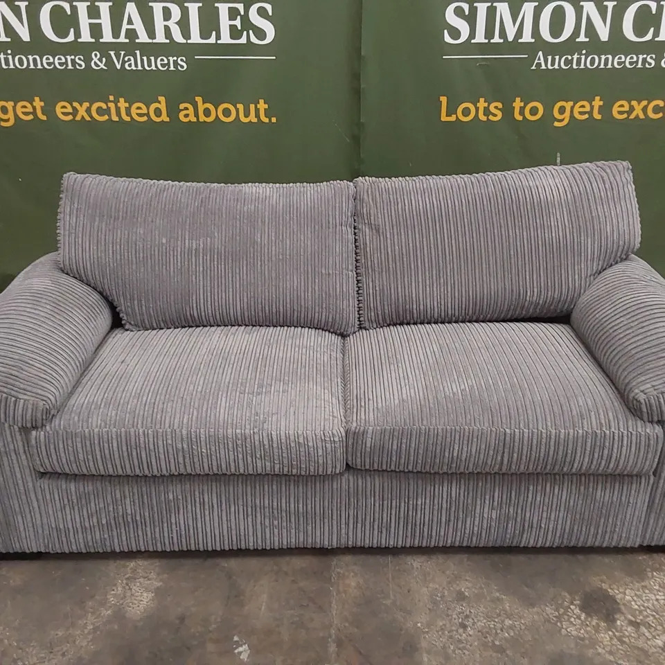 DESIGNER 3 SEATER GREY FABRIC CORDUROY SOFA 