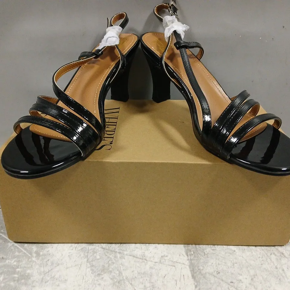 BOXED PAIR OF WHERE'S THAT FROM OPEN TOE HEELED SANDALS IN BLACK SIZE UK 6
