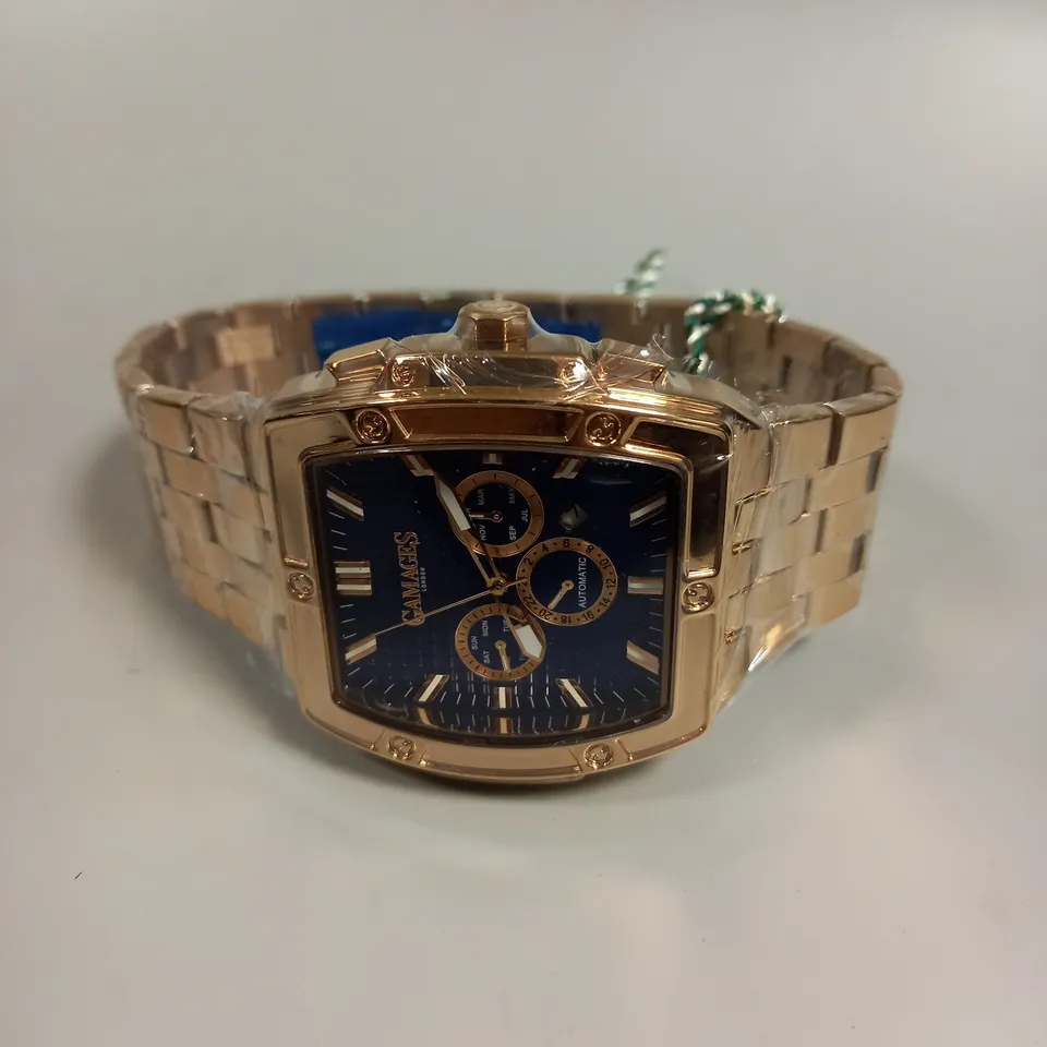 BOXED GAMAGES MAGNITUDE ROSE GOLD COLOUR BLUE DIAL WATCH 