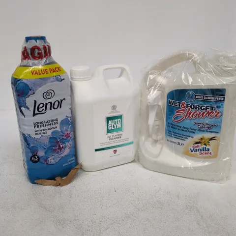 TOTE OF APPROXIMATELY 5 ASSORTED ITEMS TO INCLUDE AUTO GLYM CLEANER, LENOR SPRING AWAKENING, SHOWER CLEANER ETC