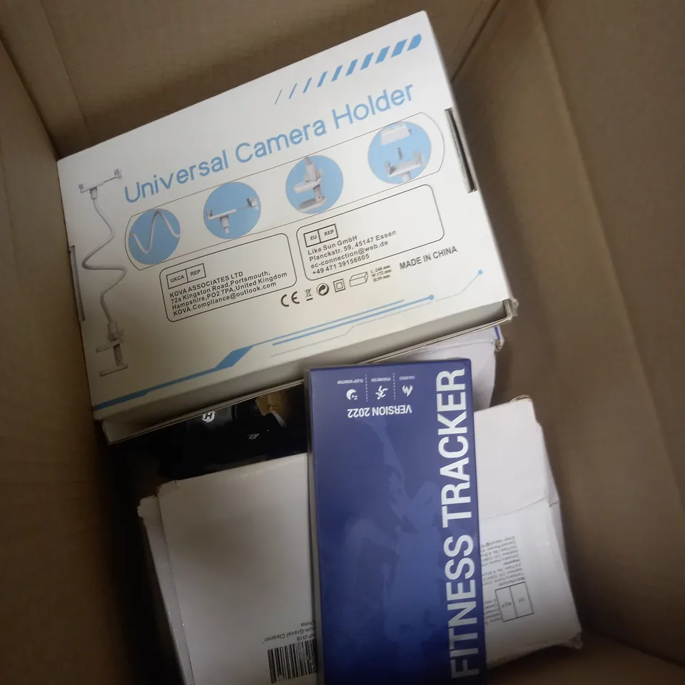 BOX OF APPROXIMATELY 5 ITEMS TO INCLUDE DRONE SET, PORTABLE HEATER, FITNESS TRACKER ETC