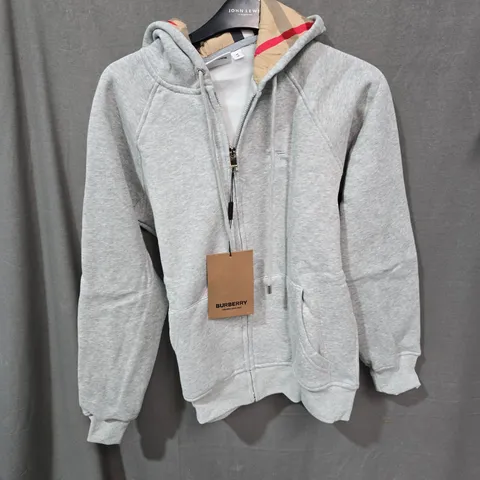 BURBERRY ZIP HOODIE – GREY WITH BURBERRY CHECK HOOD LINING, UK SIZE M