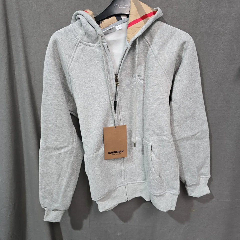 BURBERRY ZIP HOODIE – GREY WITH BURBERRY CHECK HOOD LINING, UK SIZE M