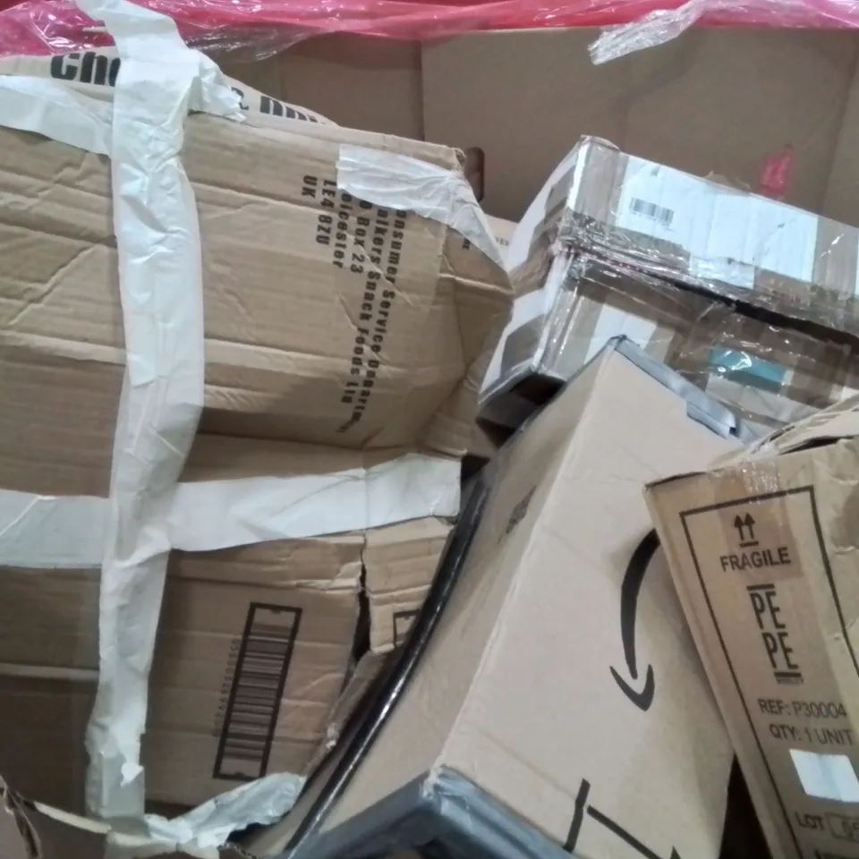 PALLET OF ASSORTED HOUSEHOLD GOODS AND PRODUCTS TO INCLUDE; MICROWAVE,FRUIT PRESS,MOWER