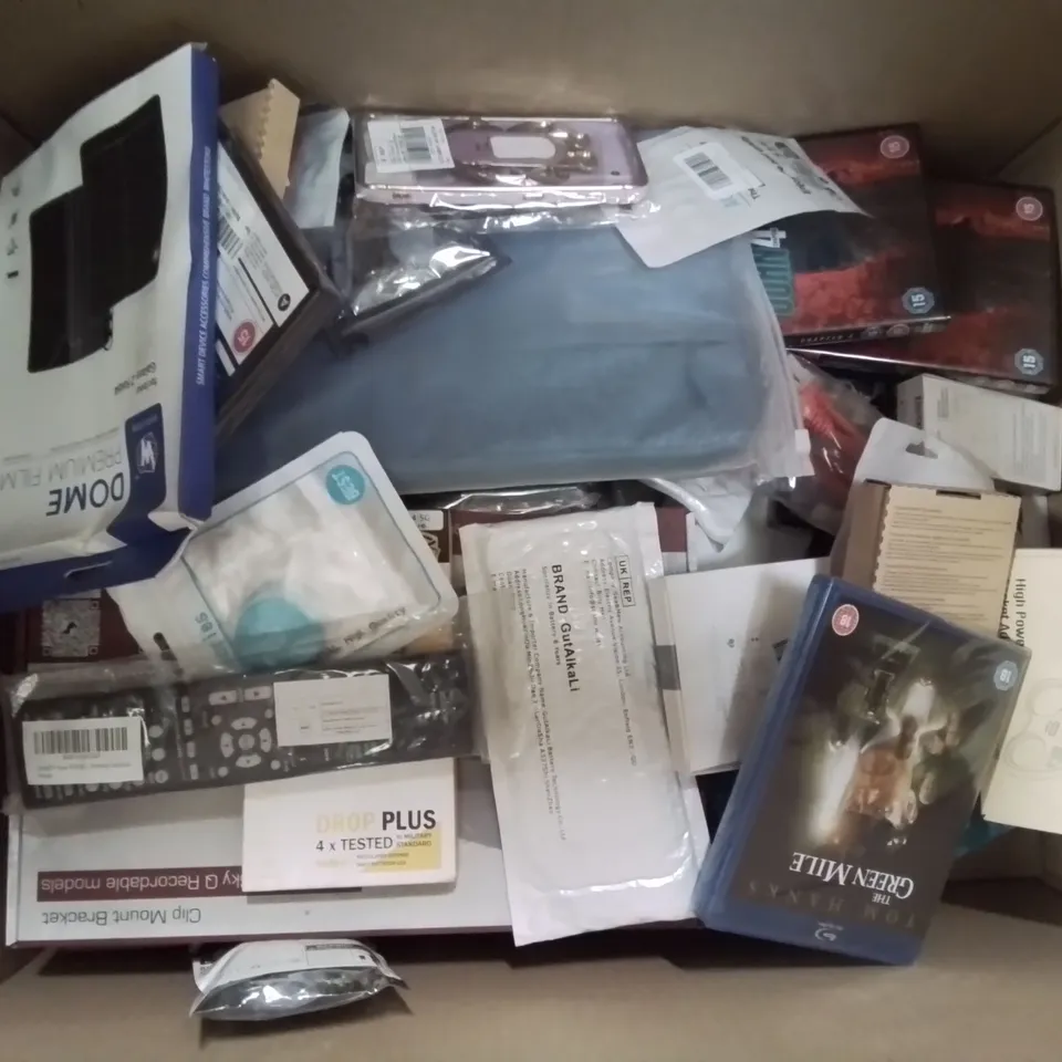 BOX CONTAINING LARGE AMOUNT OF MIXED BOXED ELECTRICAL ITEMS PHONE ACCESSORIES LIGHTING ETC.