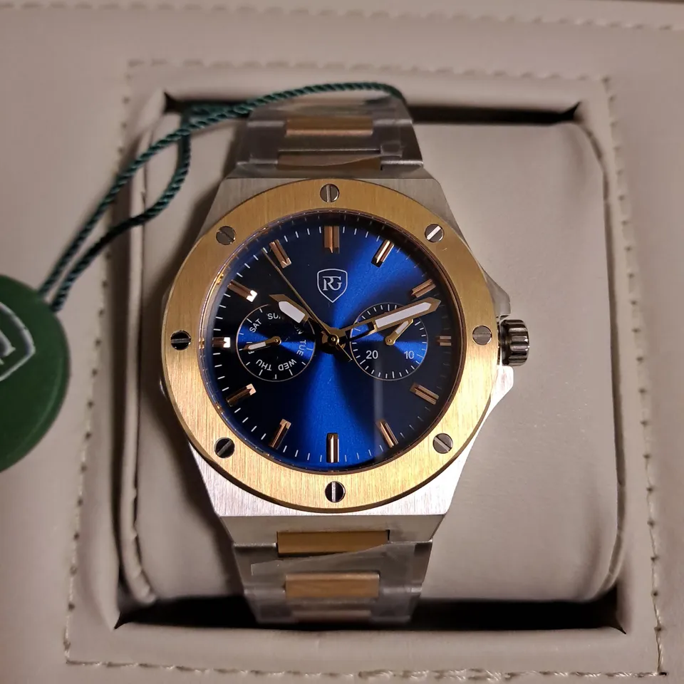 RAYMOND GADUIN 316L STAINLESS STEEL GENTS WATCH WITH BLUE FACE IN WOODEN PRESENTATION BOX