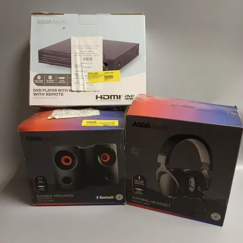 APPROXIMATELY 20 ASSORTED TECH PRODUCTS TO INCLUDE GAMING SPEAKERS, GAMING HEADSET, DVD PLAYER
