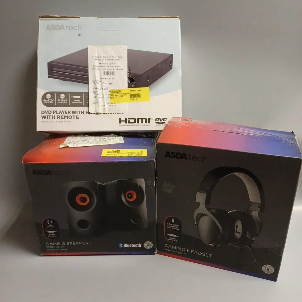 APPROXIMATELY 20 ASSORTED TECH PRODUCTS TO INCLUDE GAMING SPEAKERS, GAMING HEADSET, DVD PLAYER