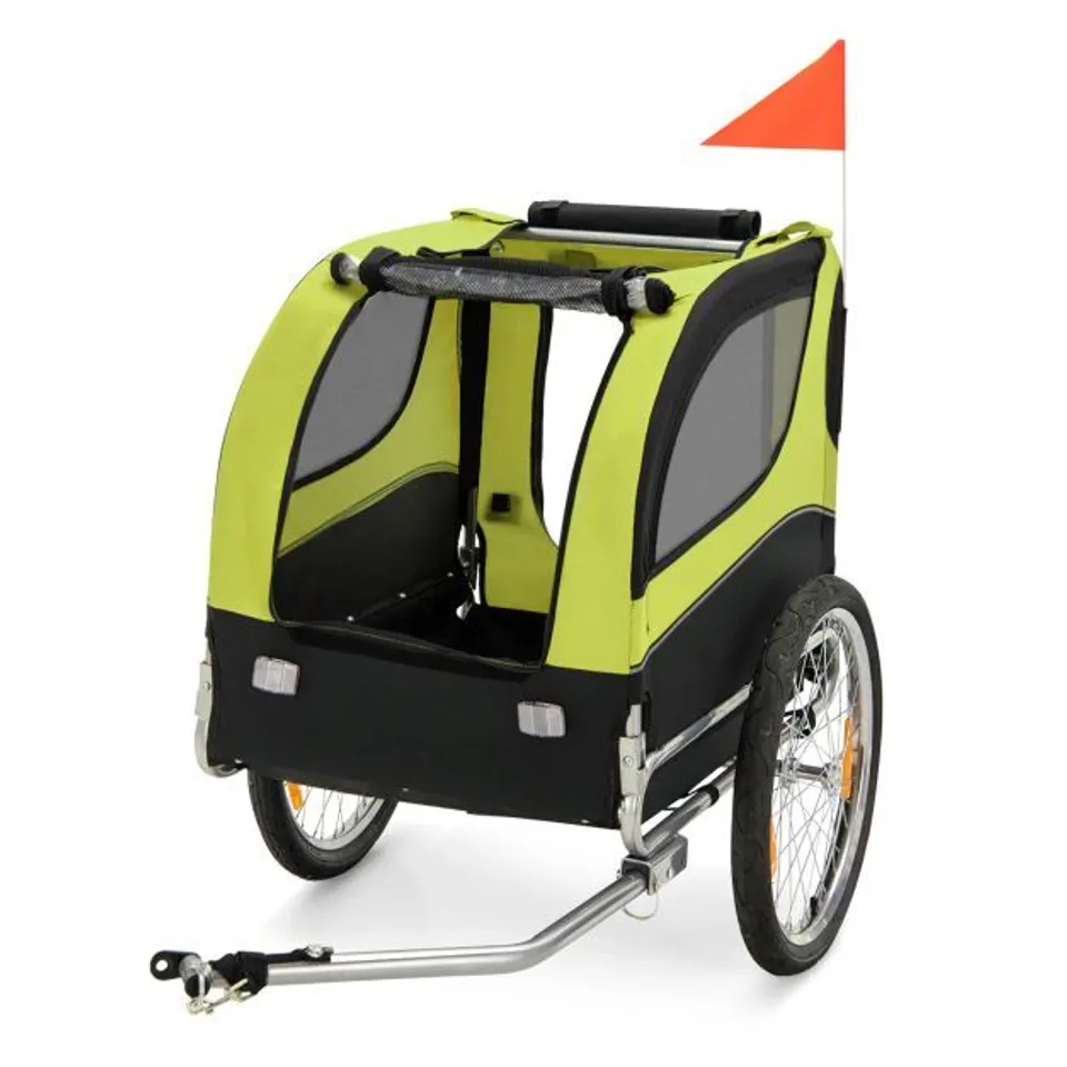 BOXED FOLDING PET BIKE TRAILER WITH 3 ZIPPERED DOORS AND 8 REFLECTORS - GREEN