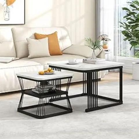 BOXED 2 PIECES MULTI-FUNCTIONAL COFFEE TABLES WITH METAL FRAME AND MARBLE PATTERN TOP, SQUARE END TABLES FOR LIVING ROOM, 65L X 65W X 45H CM, WHITE