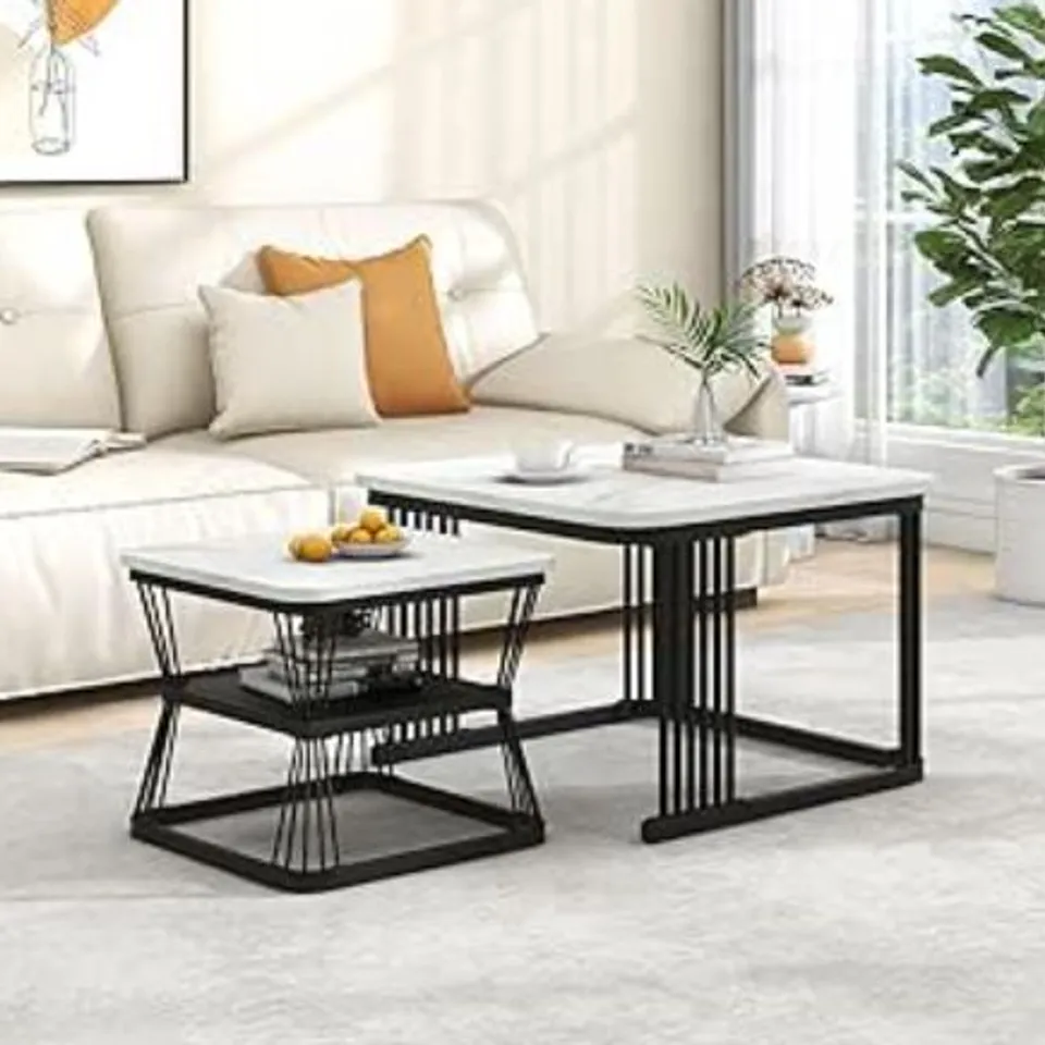 BOXED 2 PIECES MULTI-FUNCTIONAL COFFEE TABLES WITH METAL FRAME AND MARBLE PATTERN TOP, SQUARE END TABLES FOR LIVING ROOM, 65L X 65W X 45H CM, WHITE
