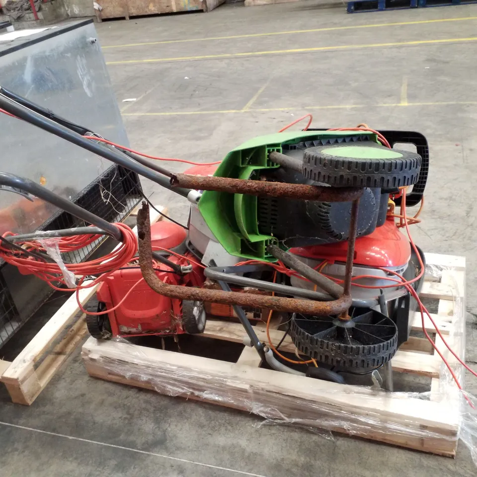 PALLET CONTAINING 3 FLYMO LAWNMOWERS, 28CM STRIMMER & IMPACT GARDEN SHREDDER