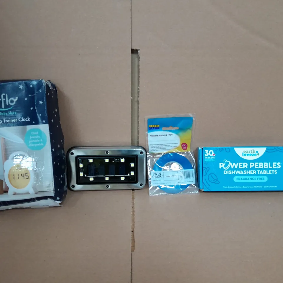 BOX OF APPROXIMATELY 14 ASSORTED ITEMS TO INCLUDE - PURFLO TRAINER CLOCK , FLEXIBLE MASKING TAPE , POWER PEBBLES ETC