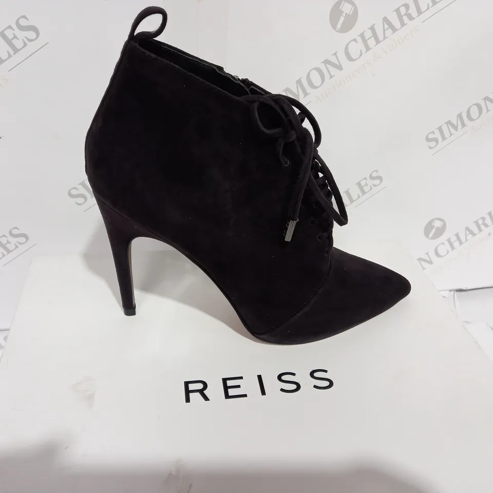 BOXED REISS SUEDE CHOCOLATE BOOT HEELS - SIZE 5