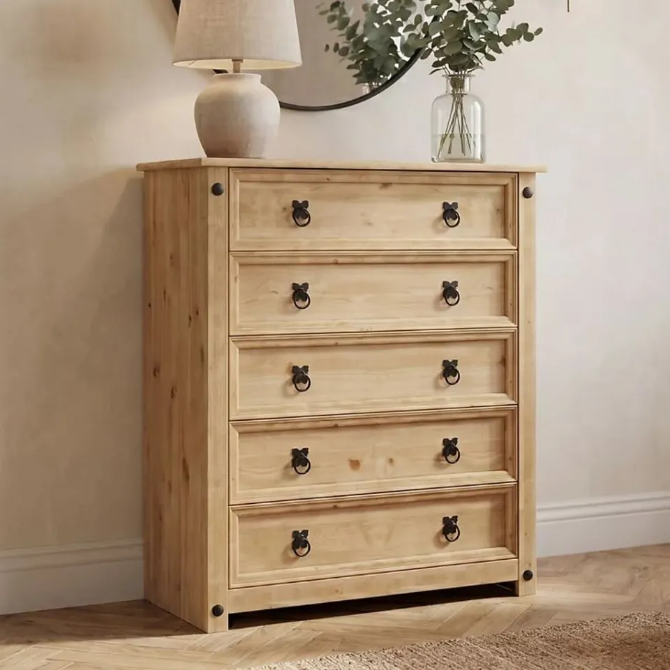 BOXED VIDA DESIGNS CORONA RUSTIC 5 DRAWER CHEST