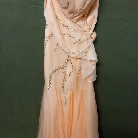 PEACH NET OVERLAY SEQUIN EMBELLISHED OCCASIONAL DRESS - UK 6