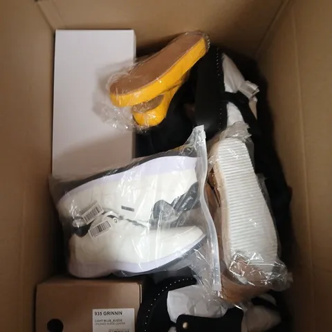 BOX OF APPROXIMATELY 12 PAIRS OF ASSORTED SHOES IN VARIOUS COLOUR, STYLES AND SIZES