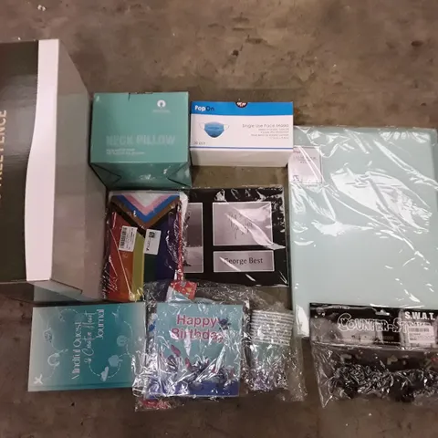 PALLET OF ASSORTED PRODUCTS INCLUDING CHRISTMAS TREE FENCE, NECK PILLOW, FACE MASKS, PRIDE FLAGS, BIRTHDAY DECORATIONS, TOY SOILDERS