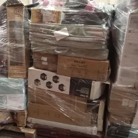 PALLET OF ASSORTED E-COMMERCE GOODS AND PRODUCTS TO INCLUDE; WITHOUT BENCH, SUITCASES/CABIN BAGS, LEAF BLOWER, YOGA MAT, 6FT OUTDOOR FOLDING TABLE ETC
