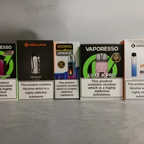 BOX OF APPROXIMATELY 18 ASSORTED E-CIGARETTES TO INCLUDE - VAPORESSO, GEEK VAPE , VOOPOO