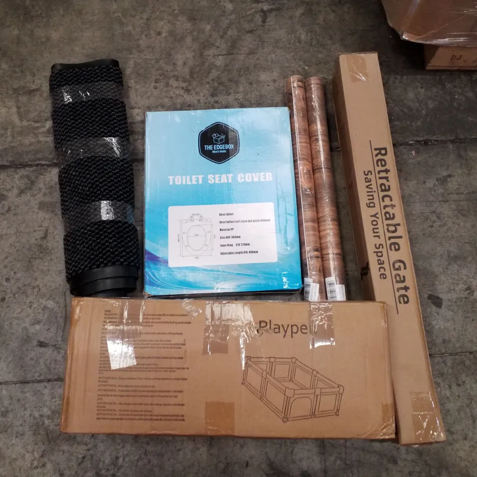 PALLET OF ASSORTED PRODUCTS INCLUDING PLAYPEN, TOILET SEAT COVER, WOOD WALLPAPER, RETRACTABLE GATE, FLOOR MAT