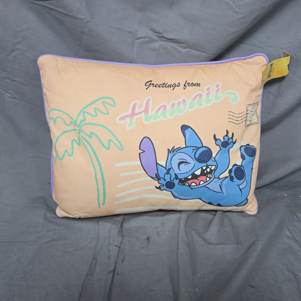 DECORATIVE THROW PILLOW WITH 'STITCH GREETINGS FROM HAWAII' GRAPHIC