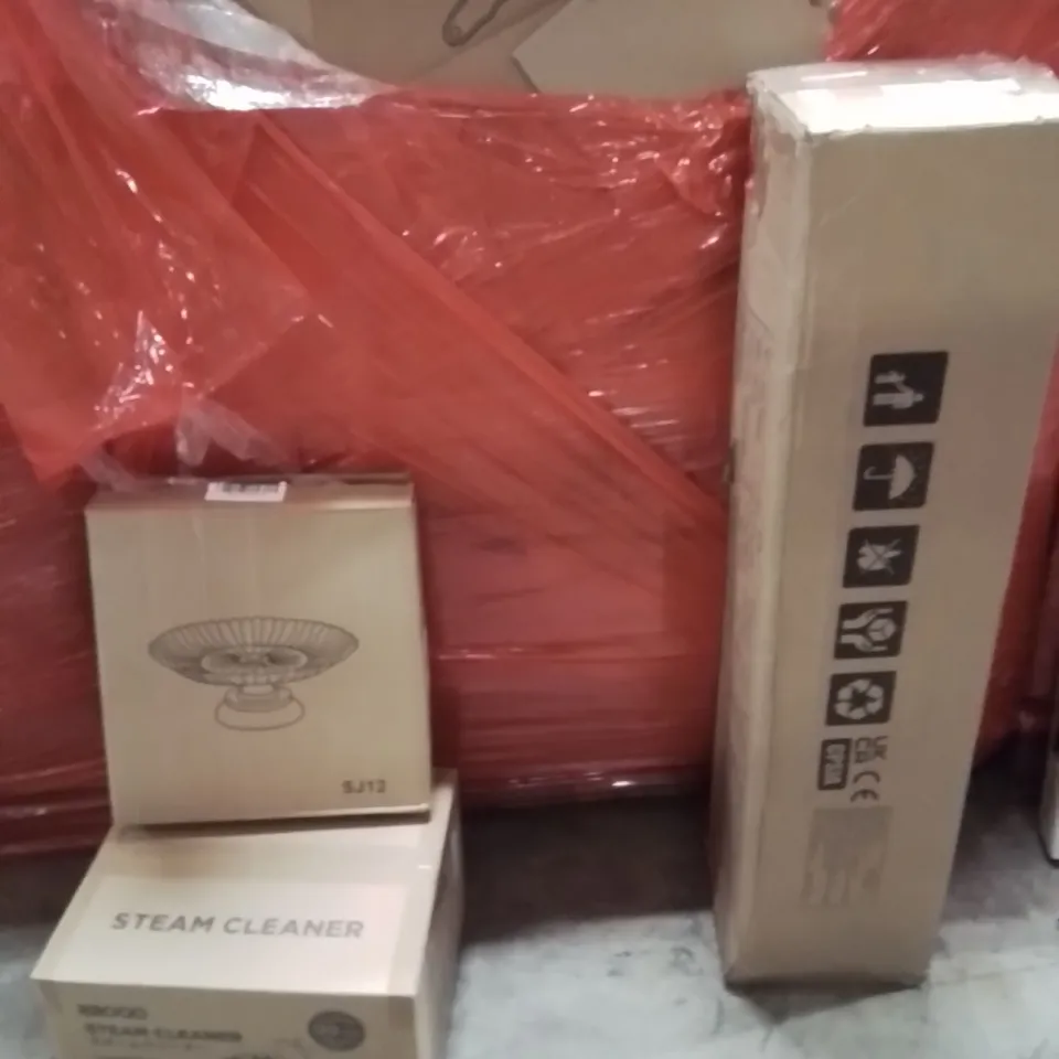 PALLET OF ASSORTED HOUSEHOLD GOODS AND PRODUCTS TO INCLUDE;FRUIT BOWL,STEAM CLEANER,PLAYPEN