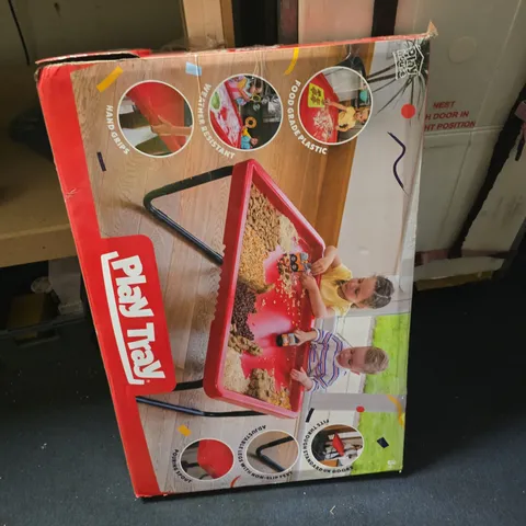 PLAY TRAY KIDS TRAY TABLE – RED PLASTIC TRAY WITH STAND, BOXED (VERIFY MODEL)