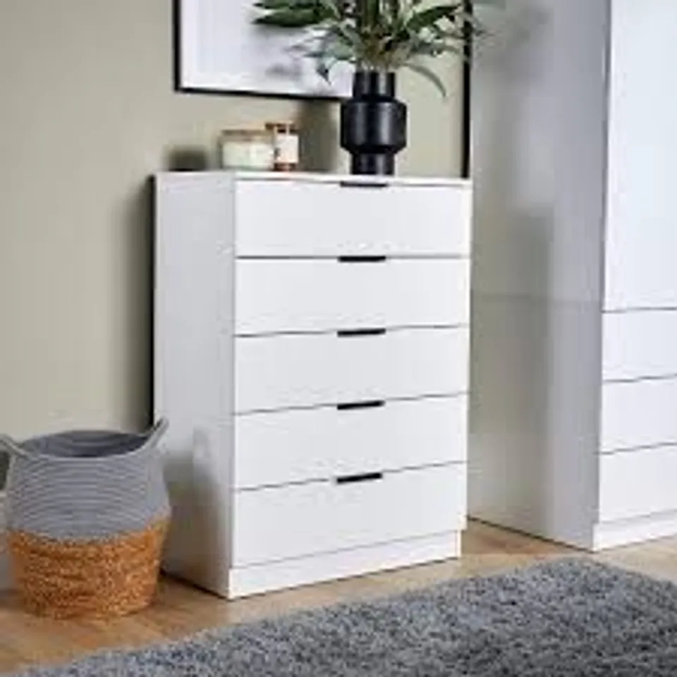 BOXED HOME SOURCE PHOENIX 5 DRAWER WHITE CHEST STORAGE UNIT