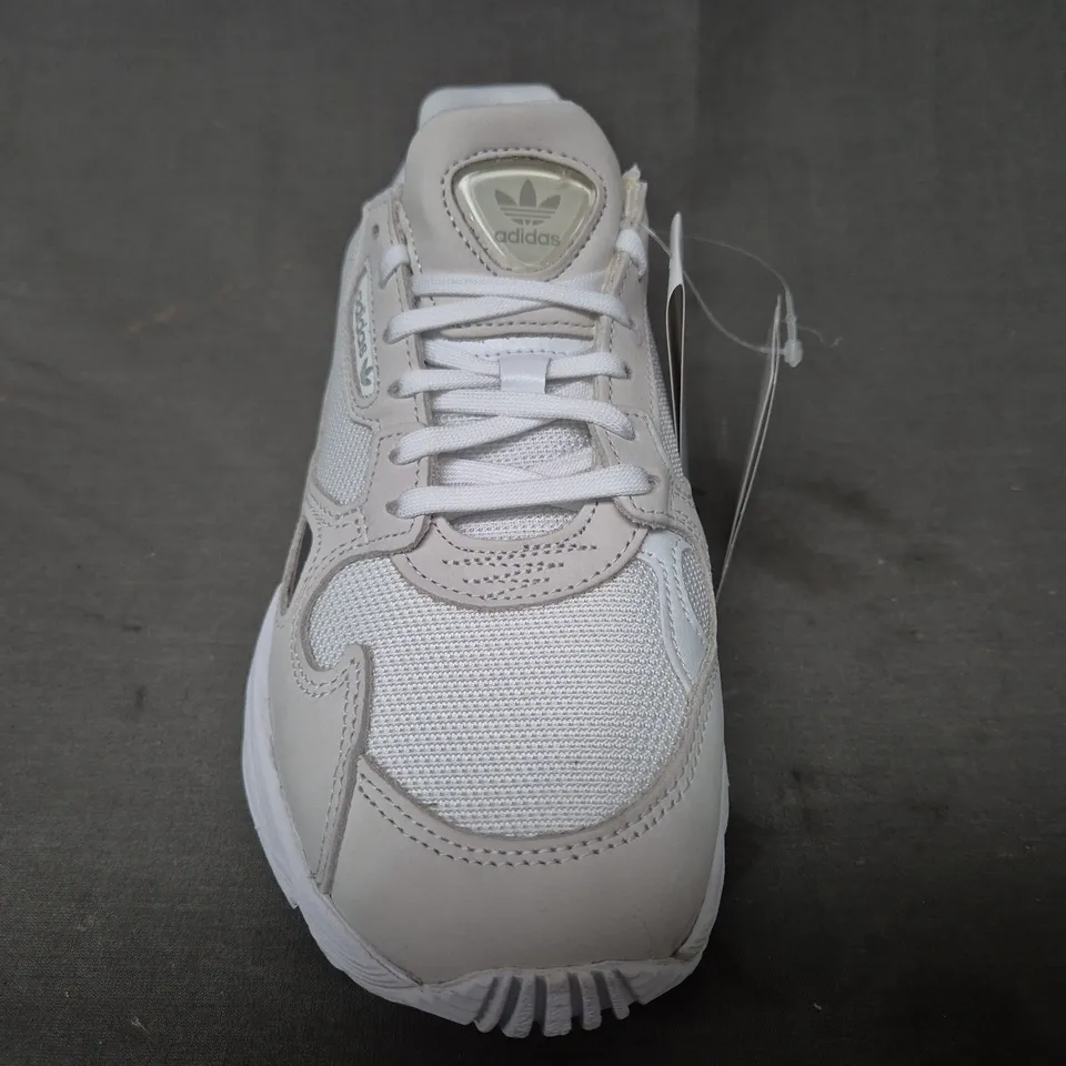 BOXED PAIR OF ADIDAS WOMEN'S FALCON SHOES IN WHITE/OFF WHITE UK SIZE 5.5