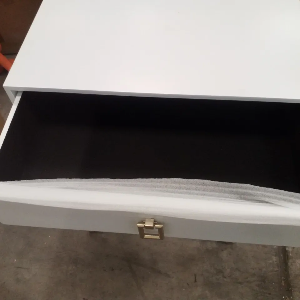 BOXED WHITE BEDSIDE WITH METAL CROSSED LEGS 