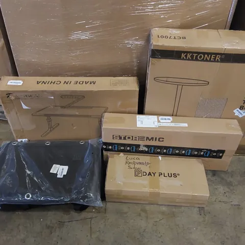 PALLET OF ASSORTED ITEMS INCLUDING: BAR TABLE, RECIPROCATING SAW, PET CARRIER, WALL SHELF, LAPTOP DESK
