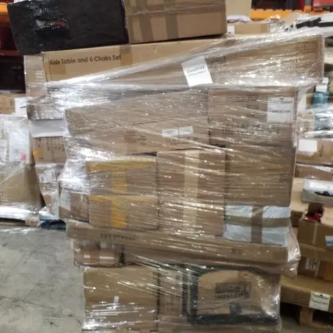 PALLET OF ELECTRICAL ITEMS AND HOUSEHOLD GOODS TO INCLUDE;WATER BOILER,KIDS TABLE AND 6 CHAIRS SET,WIRELESS RACING WHEEL