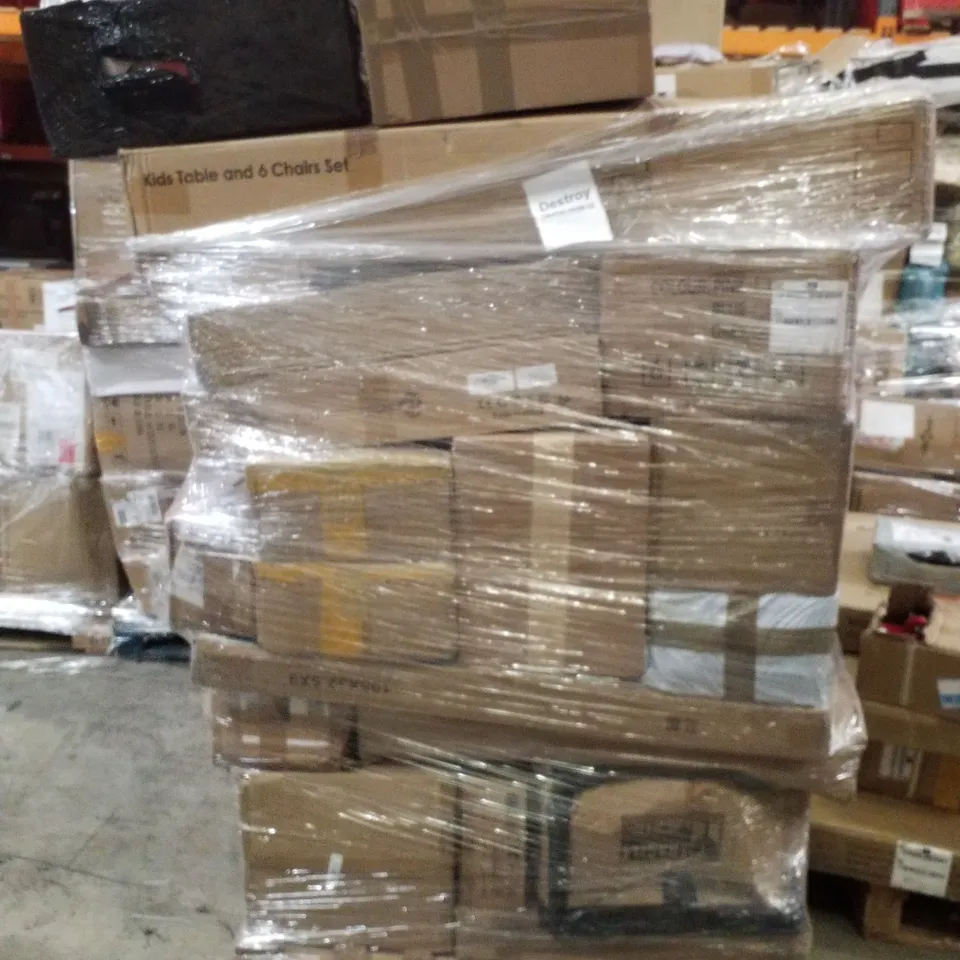 PALLET OF ELECTRICAL ITEMS AND HOUSEHOLD GOODS TO INCLUDE;WATER BOILER,KIDS TABLE AND 6 CHAIRS SET,WIRELESS RACING WHEEL