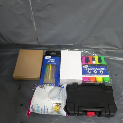 APPROXIMATELY 10 ASSORTED HOUSEHOLD ITEMS TOO INCLUDE FILTER CARTILAGE , KEY SAFE , HIGHLIGHTERS , ETC