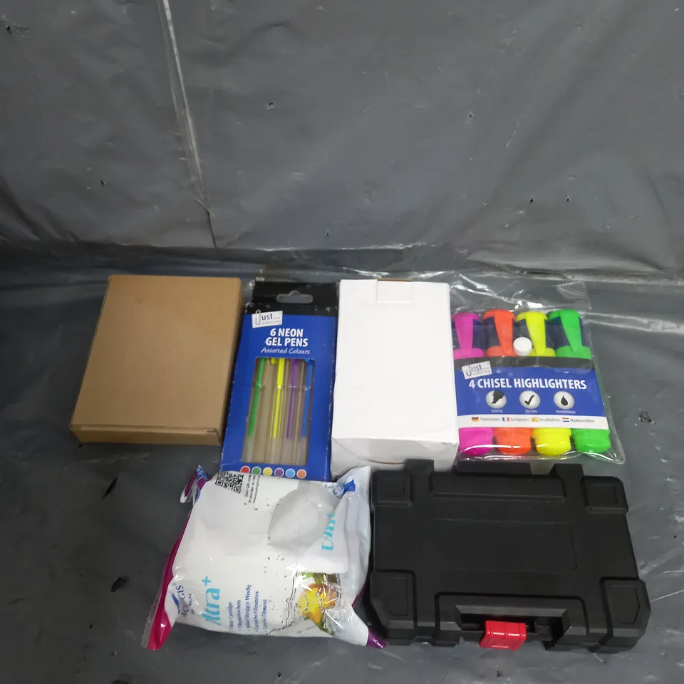 APPROXIMATELY 10 ASSORTED HOUSEHOLD ITEMS TOO INCLUDE FILTER CARTILAGE , KEY SAFE , HIGHLIGHTERS , ETC 
