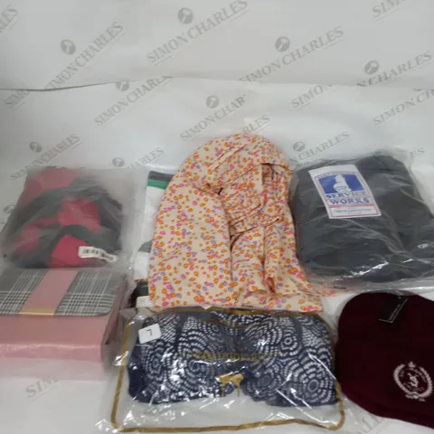 LARGE BOX OF ASSORTED CLOTHING ITEMS IN VARIOUS COLOURS AND SIZES INCLUDING TROUSERS , TOPS AND JUMPERS