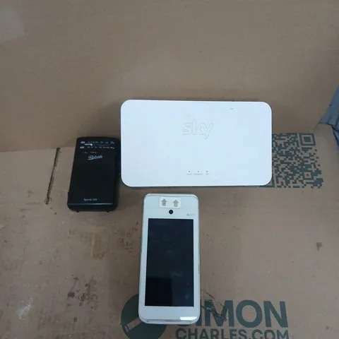 APPROXIMATELY 15 ASSORTED HOUSEHOLD PRODUCTS TO INCLUDE SKY TV WIFI ROUTER, CONTACTLESS CARD READER, AM-FM RADIO ETC 