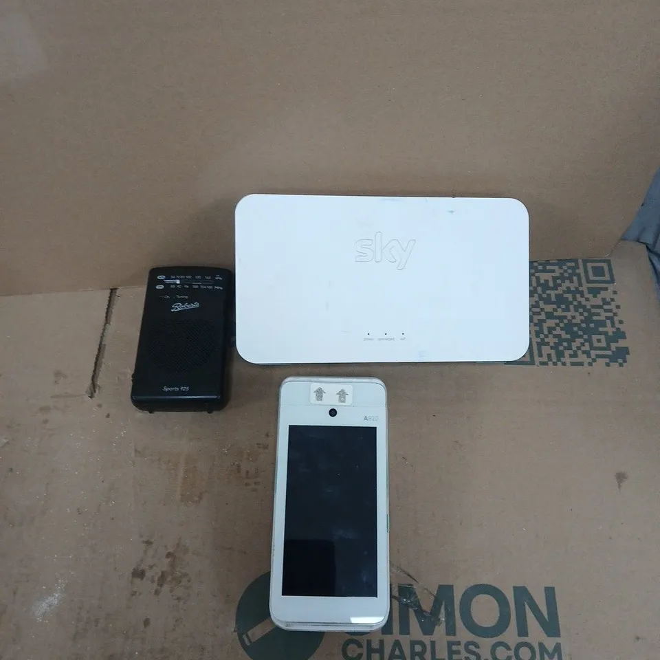 APPROXIMATELY 15 ASSORTED HOUSEHOLD PRODUCTS TO INCLUDE SKY TV WIFI ROUTER, CONTACTLESS CARD READER, AM-FM RADIO ETC 