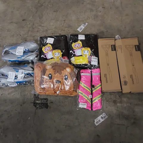 PALLET TO CONTAIN ASSORTED HOUSEHOLD ITEMS AND CONSUMER PRODUCTS. INCLUDING FOOTBALL BOOTS, CHILD'S COSTUME, TRACKSUITS, ICE SCRAPERS, DOG JACKET ETC