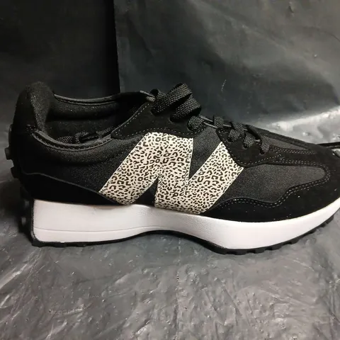 BOXED PAIR OF NEW BALANCE TRAINERS – BLACK WITH LEOPARD PRINT N LOGO - UK SIZE 7.5