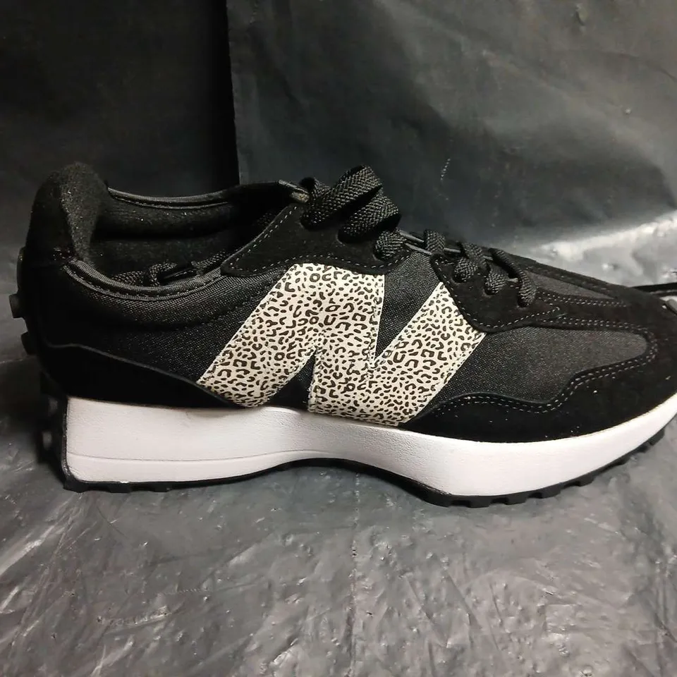 BOXED PAIR OF NEW BALANCE TRAINERS – BLACK WITH LEOPARD PRINT N LOGO - UK SIZE 7.5