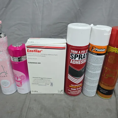 APPROXIMATELY 10 ASSORTED AEROSOLS TO INCLUDE ENSTILAR, SPRAY ADHESVIE AND AIR FRESHNER 