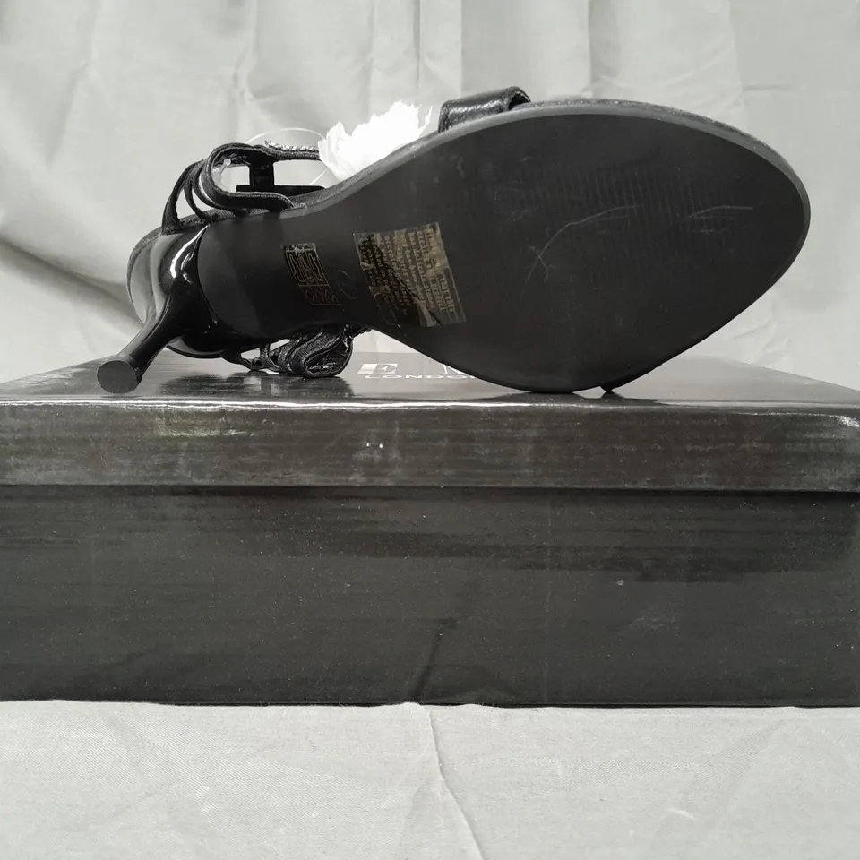 BOX OF APPROXIMATELY 10 BOXED PAIRS OF GEMZ LONDON OPEN TOE HIGH HEEL SANDALS IN BLACK W. JEWEL EFFECT - VARIOUS SIZES