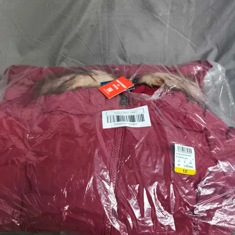 SUPERDRY FUJI FAUX FUR HOOD MID LENGTH COAT – WINE RED, UK 12
